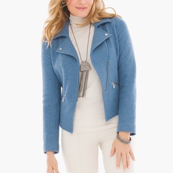 Chicos Boiled Wool Motorcycle Jacket Blue Silver - Picture 2 of 9